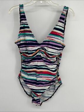 Beach Party side gold beading and plunge  back NWT lined swimsuit size 10